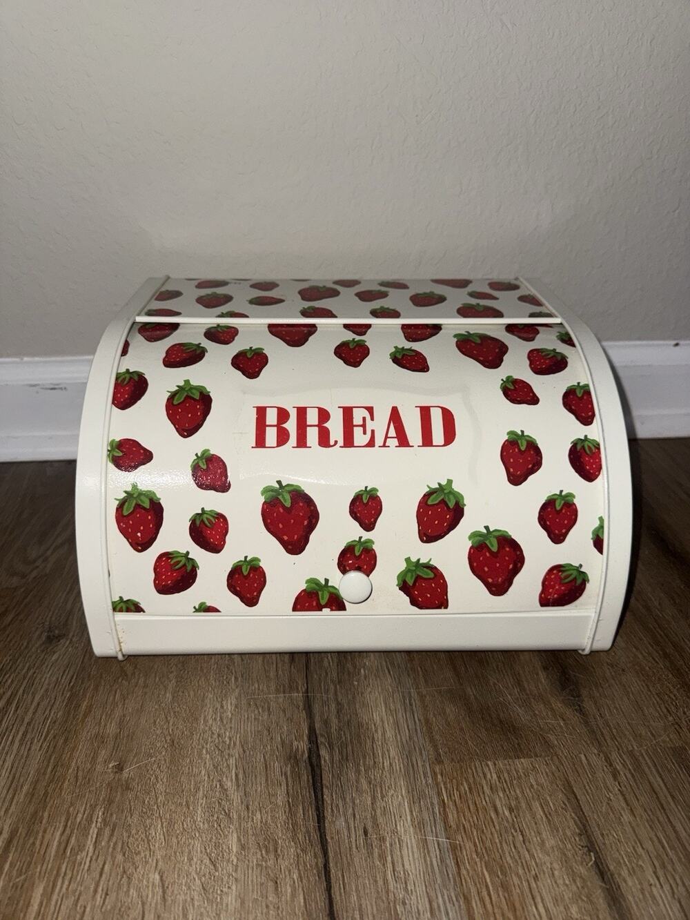 Vintage Strawberry Bread Box Tin Metal Cream Red Kitchen Storage Countertop Bin